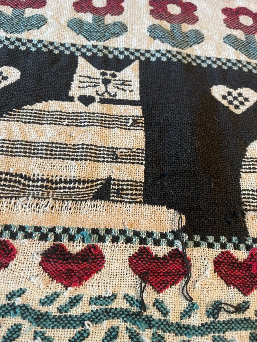 80s Whimsical Cat Woven jacquard  Throw Blanket - with damage -pulled threads